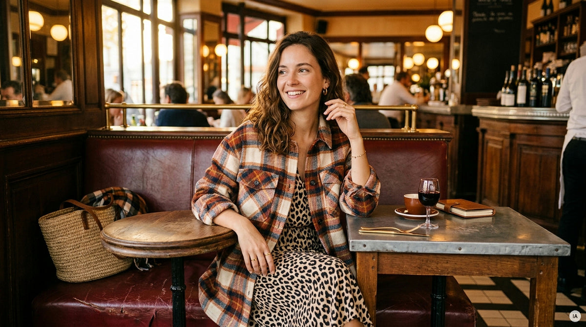 Robe + surchemise à carreaux : la superposition signature de l'automne Loëla — Image générée par IA