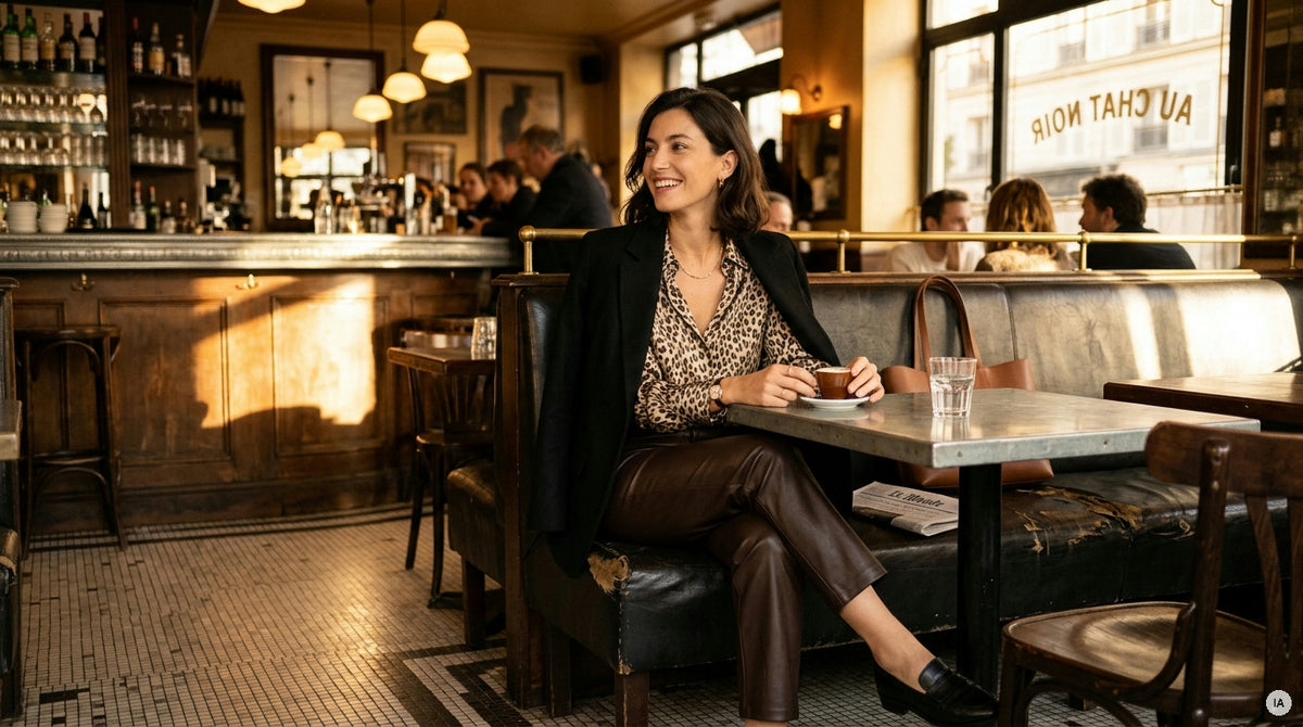 pantalon simili cuir noir porté avec un pull camel col rond — Image générée par IA