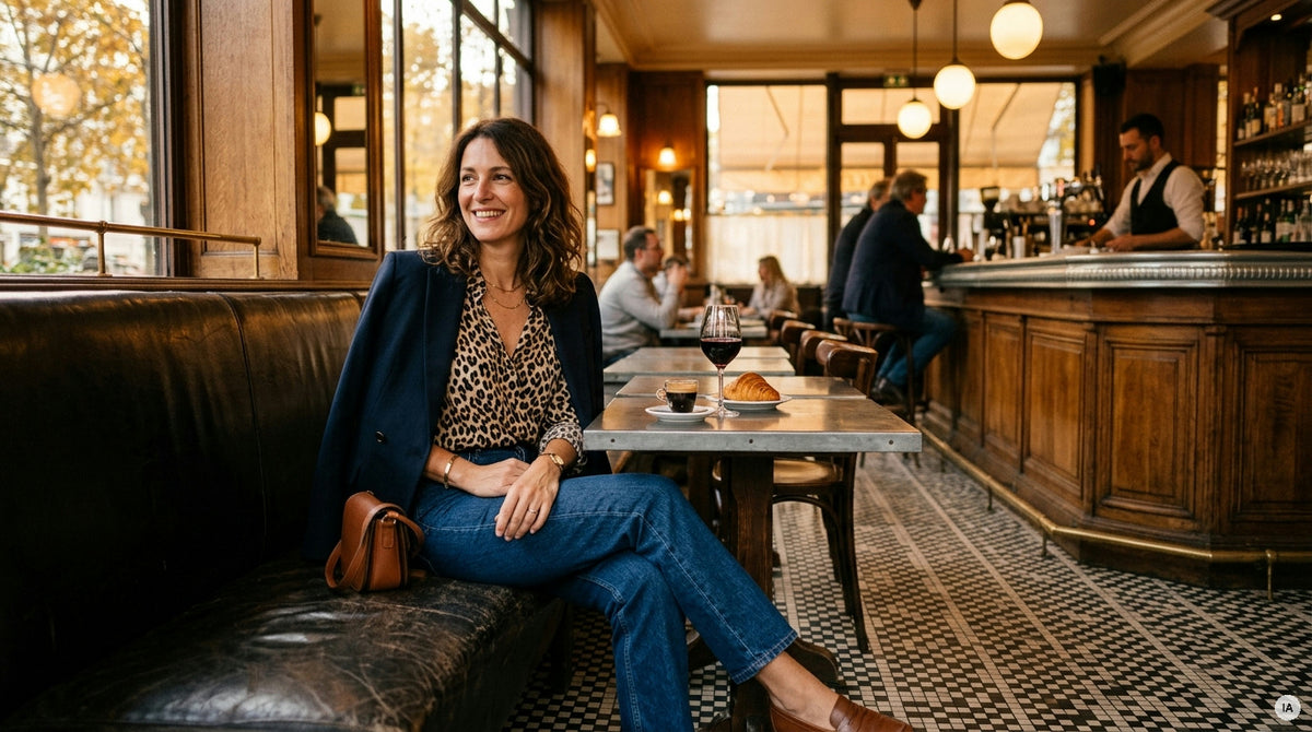 jean droit taille haute porté avec blazer à carreaux cognac et bottines — Image générée par IA