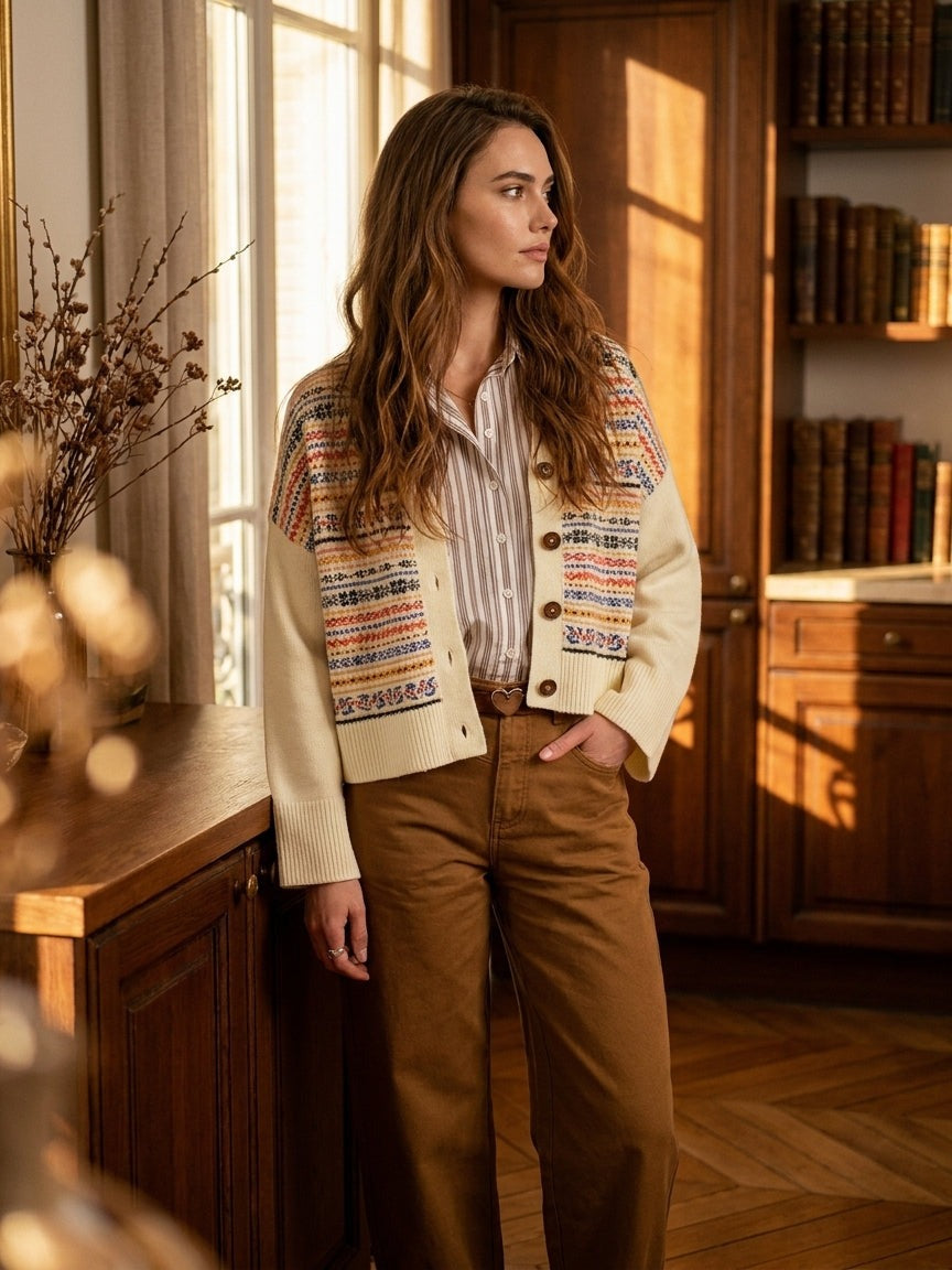 Woman in Minuit Douze Joely beige trousers and an ecru jacquard cardigan, standing by a window