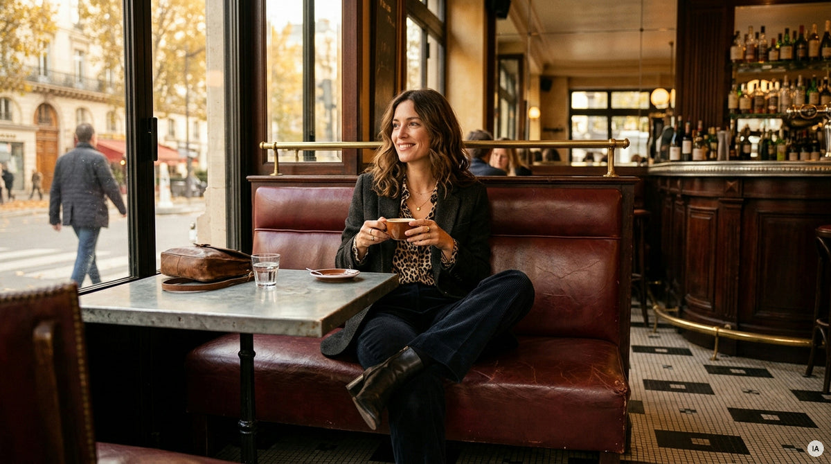 pantalon velours côtelé cognac porté avec bottines fauve et pull camel — Image générée par IA