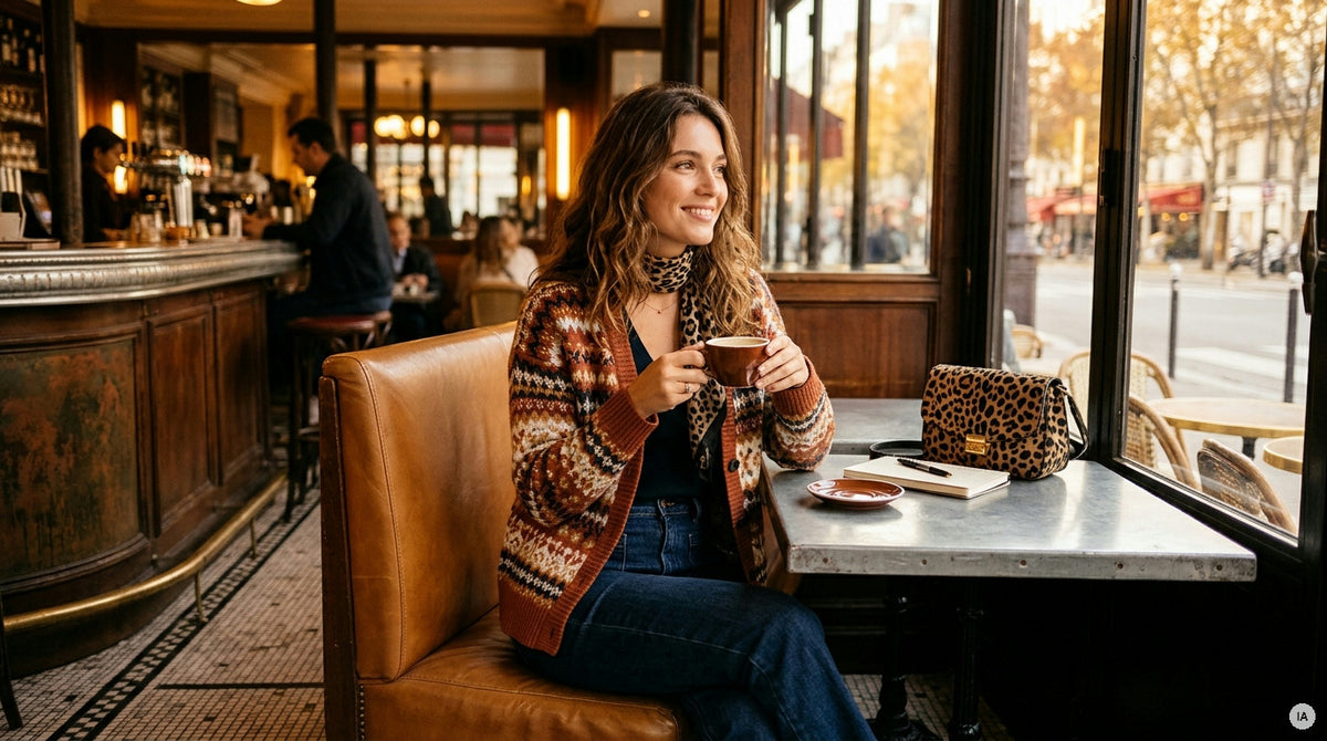 gilet jacquard brun porté avec ceinture caramel et boucles dorées — Image générée par IA