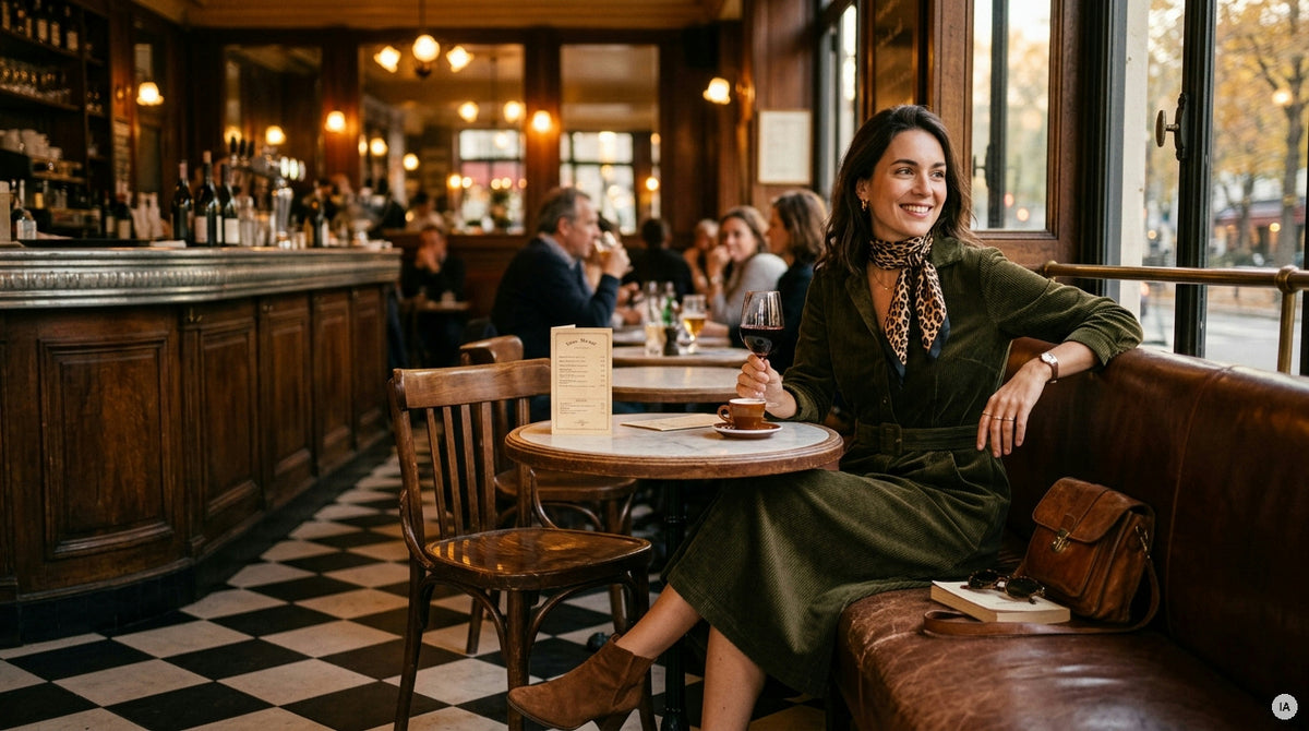 robe velours côtelé bordeaux portée avec foulard paisley et bottines cognac — Image générée par IA