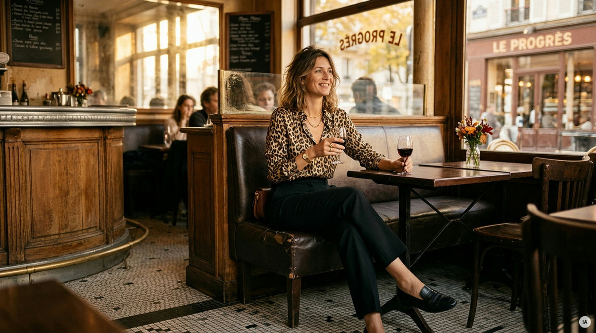 pantalon noir droit avec top satiné caramel et mocassins Bobbies — Image générée par IA