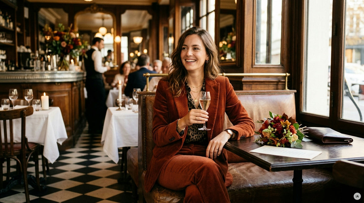 robe midi velours côtelé bordeaux et bottines camel pour mariage automne — Image générée par IA