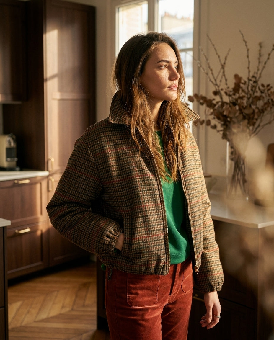 BLOUSON EN LAINE CAMPUS PIED DE POULE CHOCO - MINUIT DOUZE VESTE