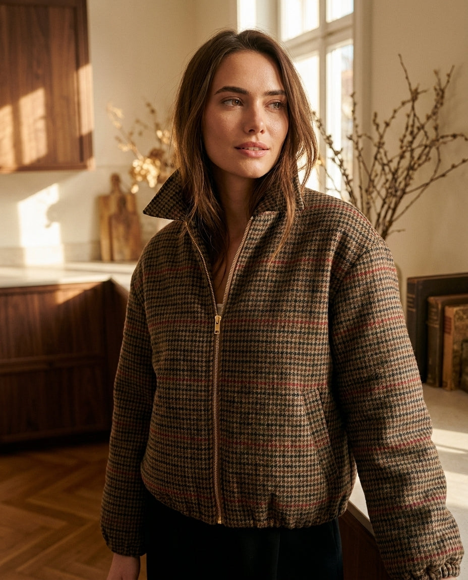 BLOUSON EN LAINE CAMPUS PIED DE POULE CHOCO - MINUIT DOUZE VESTE