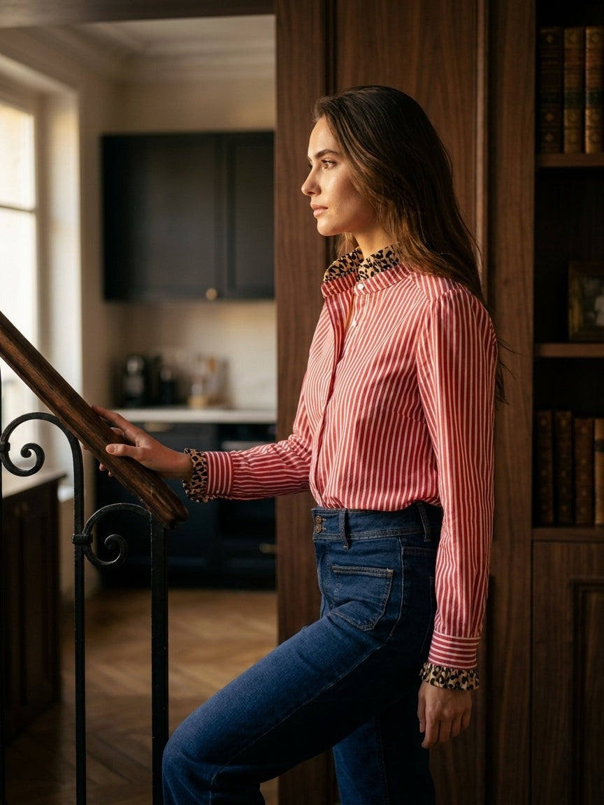 Woman in the Ycoo Gaspard red striped shirt with a leopard collar and jeans, leaning on a stair banister