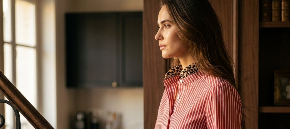 Woman in the Ycoo Gaspard red striped shirt with a leopard collar, in profile in front of a bookcase
