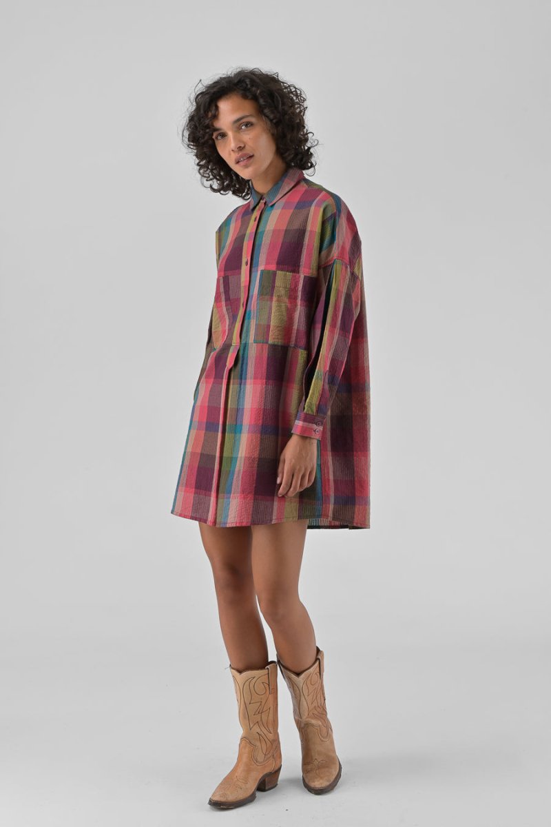 ROBE CHEMISE LOU CARREAUX ROSES - ORFEO Robe